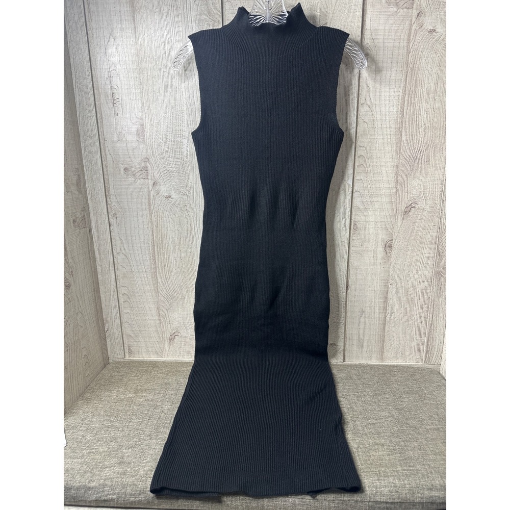 PrettyGarden Black Ribbed Knit Mock Neck Sleeveless Bodycon Midi Dress Medium